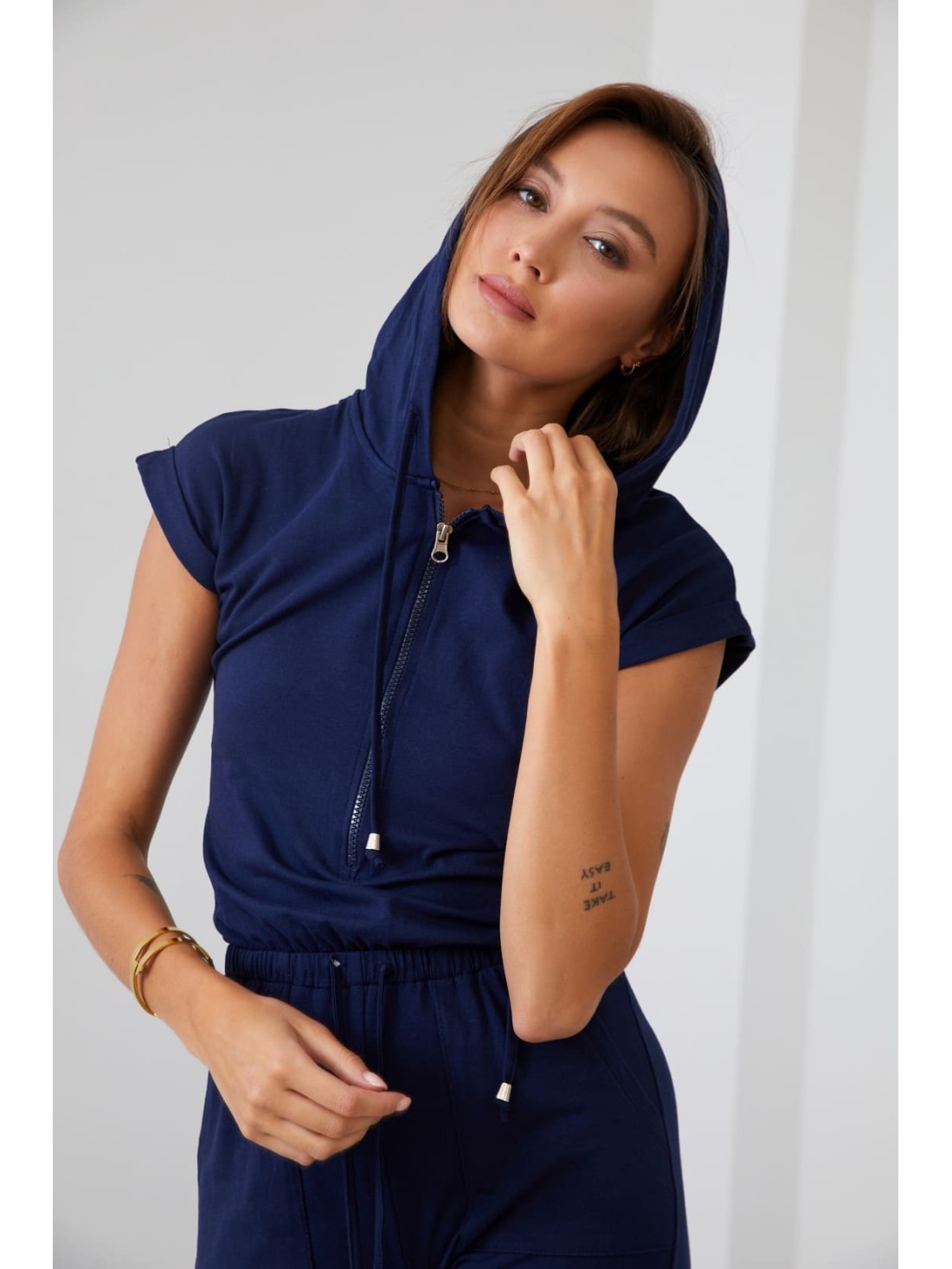 Women\'s navy blue hooded jumpsuit FK622 - Online store - Boutique